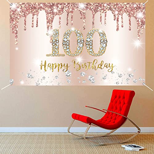 Verjaardag decoratie voor vrouwen, rozengoud, glitter, vlekken, stof, teken, poster verjaardag, decoratie, 100e verjaardag achtergrond banner vrouwen, 100 verjaardag feest decoratie 4
