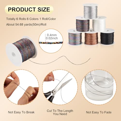 6 Rolls Witte borduurdraad 0.4mm Zwarte metalen borduurdraad 6 Ply Kralen String Naaidraad voor Tatting Quilt Vriendschap armband sieraden maken