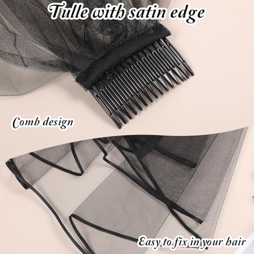 Bruidssluier Korte met Comb, 2 Stage Tulle Zwarte Halloween Witch Cosplay Elbow Lengte Ribbon Edge 60-80cm Zwarte korte bruiloft bruid Veil, zwart 5
