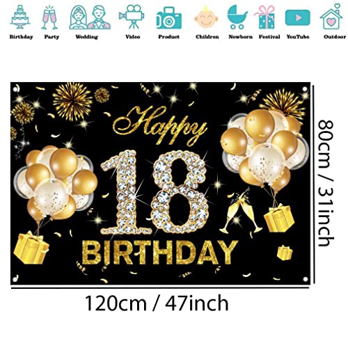 Verjaardag decoratie meisjes 18e verjaardag Banner zwart goud 18e verjaardag stof teken poster gelukkig 18e verjaardag achtergrond Banner meisjes verjaardag partij decoratie