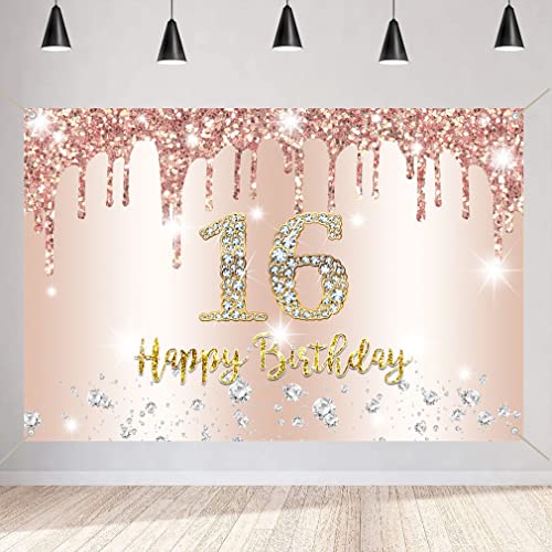 16e verjaardag meisje decoratie, 16e verjaardag Banner Rose Gold, 16e verjaardag stof sign poster, 16e verjaardag achtergrond Banner meisje verjaardag feest decoratie