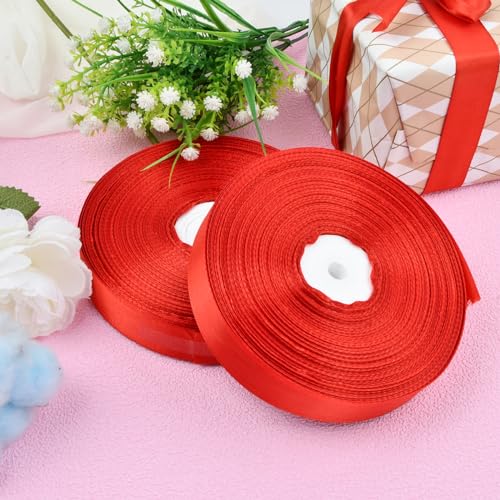 Satin Ribbon 2 Rolls 25mm x 91m Gift Ribbon Red Polyester Satijn decoratieve linten voor Gift Wrapping Bows Bruids boeketten DIY 4