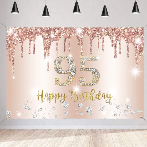 95e verjaardag decoratie vrouwen,95e verjaardag decoratie roos goud glitter vlekken stof schild poster 95e verjaardag achtergrond banner vrouw 95e verjaardag partij decoratie