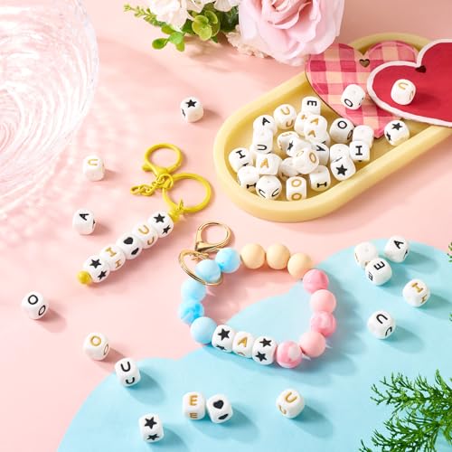 60 st Siliconen brief kralen A-E-I-O-U, 12 mm vierkant, 5 st/stijl, gemengde kleur, Perfect voor DIY Sieraden maken