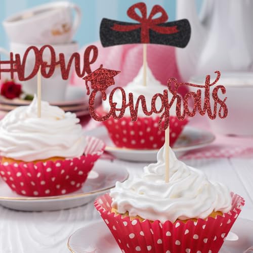 24st 2025 Graduation Cupcake Toppers, Glitter Gefeliciteerd Klas van 2025 Grad Cap Diploma Cupcake Picks 6 Styles Graduation Thema Cake Decoraties Foto Props Partij Supplies (rood/zwart) 4
