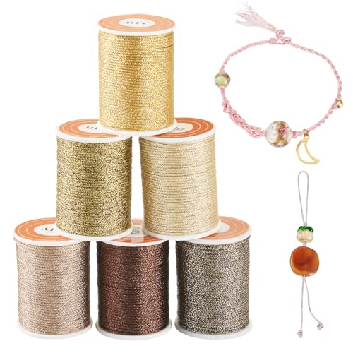 6 Rolls 1mm Metallic Threads Gevlochten borduurwerk Thread Gold Tan Bruin Macrame Cord Naaidraad voor Tatting Quilt Vriendschap armband sieraden maken