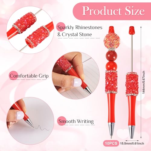 10 stuks kristallen kralenpennen bulk plastic balpennen bling diamant strass schacht kralen pen voor hogere school kantoor ambachtelijke voordelen, rood 3