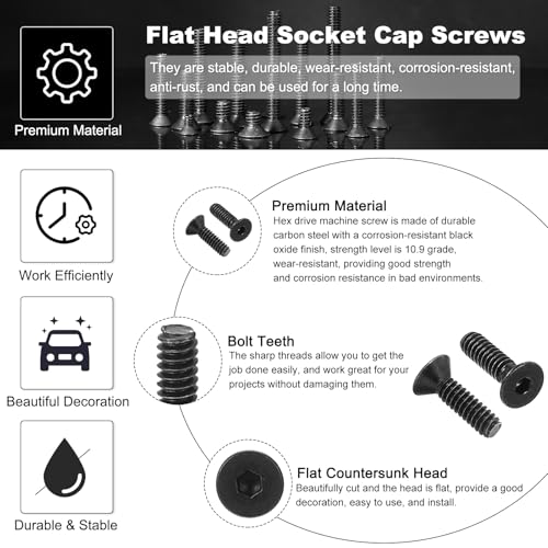 #6-32 x 1/2" Flat Head Schroeven met Hexagon, 20st Platte Head Schroeven, Hexagon, Machine Schroeven, Volledige Thread, Unc Oxide Black, Graad 10.9 3