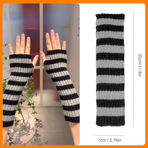 Vingerloze handschoenen Vrouwen thermische mode lange vingerloze handwarmers Zwarte Grijze Warm Gebreide Winterhandschoenen met Duimgaten voor Vrouwen Meisjes Wit Zwart One Size, wit en zwart 5