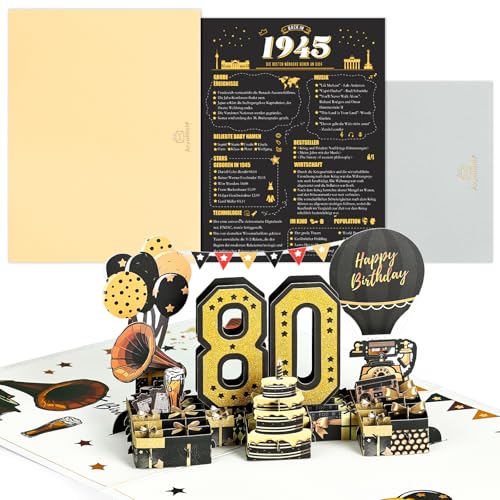 80e verjaardagskaart, 1945 Jaar Anniversary Card, 3D Pop Up Groetkaarten met envelop, Vintage verjaardagsgeschenken voor echtgenoot en vrouw