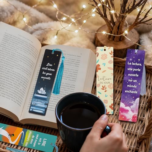 Esthetische bladwijzers papier, 6 x bladwijzers met Franse woorden en kwasten, cadeau voor volwassenen, kleine cadeaus voor scholen, eerste schooldag, boekenliefhebbers 4
