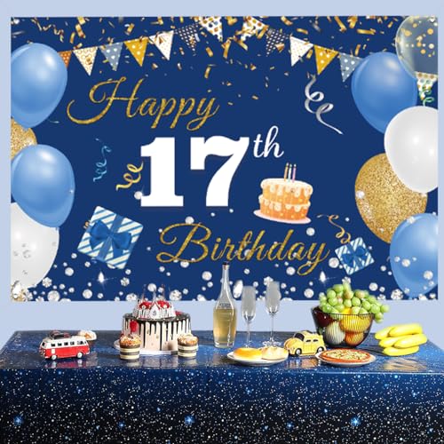 17e verjaardag decoratie jongen meisjes,17e verjaardag banner blauw,17e verjaardag stof teken poster,17e verjaardag achtergrond banner jongen verjaardag feest decoratie 4
