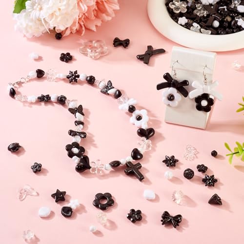 100g Diverse Acryl kralen Bloem kralen Caps Bow Butterfly Bloemen Blad esthetische ambacht kralen Bulk voor armband sieraden maken, zwart & wit