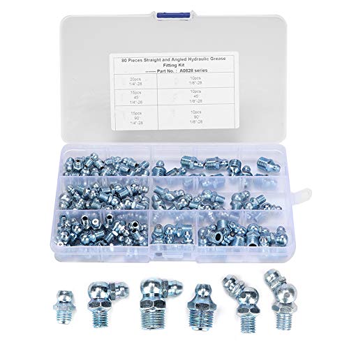 80Pcs Smeermiddel Tepel Assortiment Kits, 45° 90° 180° 1/8in 1/4in Butter Mondset, Iron Zink Plating Hydraulische Zerk Fitting voor slang buis