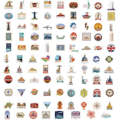 World Travel Stickers, 100 stuks Stickers Vakantie koffer Stickers Beroemde symbolen Bezienswaardigheden Reizen Stickers Waterdichte Vintage Travel Sticker Set voor koffer, auto, fiets, laptop, helm 4
