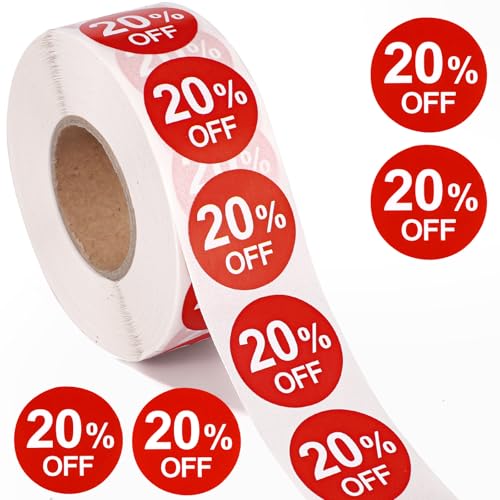 1000st 20% Kortingssticker, 25mm Ronde Zelfklevende 20 Procent Korting Stickers Praktische promotielabels Verkooplabels voor winkels Supermarkten (Rood)