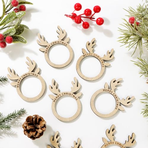 12 stuks Kerst Napkin Ringen, Houten vrolijk kerstnapkin houder, Antler Napkin Buckles voor Kerstdiner Tafel Instellingen Decoratie 3
