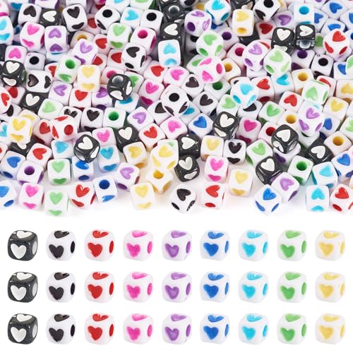 900 stuks Kubus met hart acryl Kralen Vierkante Spacer Kralen met Hart patronen 9 Kleuren Opaque acryl ambachten Kralen Bulk voor DIY armband ketting Enkelband sieraden maken