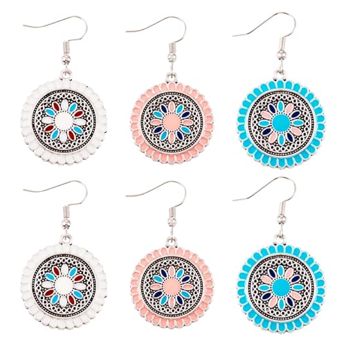 3 Kleuren Boheemse bloem Enamel Oorbellen Classic Retro Floral Dangle oorbellen Flat Ronde Vintage Kleurrijke Charms voor vrouwen Verjaardagsfeest Cadeau, Legering Staal, Legering Staal