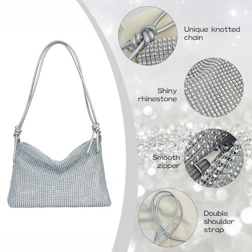 Vrouwen Elegant Clutch Bling Clutch Elegant Clutch voor Ceremony Bag Rhinestone Wedding Dinner Party met 5 Elastische Bands Zilver, Zilver 3