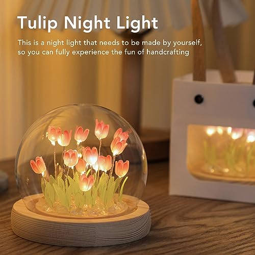 Tulip Night Light, Mini Tulip Flower Light DIY Handgemaakte Lamp, Verstelbare Helderheid Simulatie Bloem Atmosfeer Decoratie Slaaptafel Lamp (Glas, samengesteld hout)