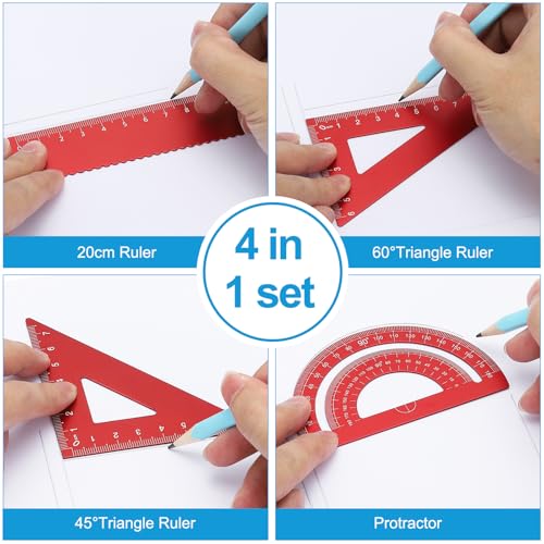 Triangle Liniaal Protractor Vierkante en Liniaal set, 4 st Aluminium Legering Liniaal, Metaal tekenset, Geometrische Protractor voor klaslokaal, Leraar (Paars, 21 cm) 3