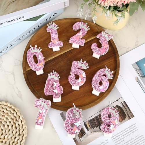 Roze Verjaardagskaarten met Cijfer, Glitterkroon Vlinder Sprankelend Pailletten Taartopper Decoraties voor Verjaardagsfeestjes Bruiloften Jubileums Vieringen (Cijfer 6) 3