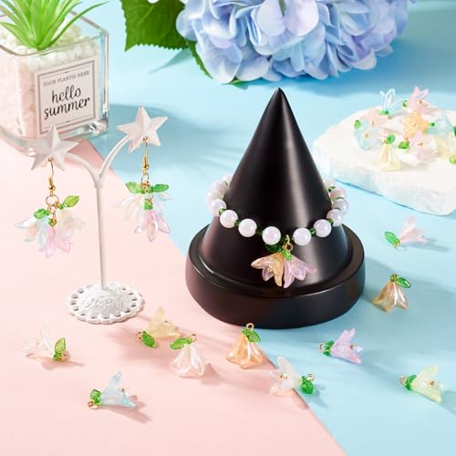 Acryl Lily Flower Bedels met glazen parel kralen, Green Leaf Flower Hangers Petal Flowers Hangen Charms voor DIY ketting oorbellen sieraden maken, acryl, acryl