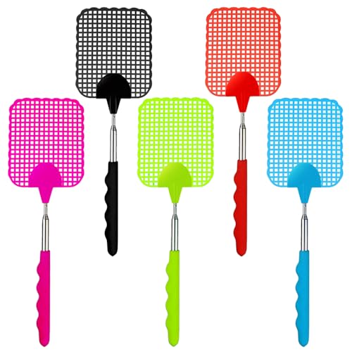 5 Piece Fly Swatter Uitschuifbare Swatter Sterk Flexibele handleiding Zwakke Set Kleurrijke Fly Swatter Handleiding Instelbaar Zwak met roestvrij staal Telescopische handgreep voor vliegen