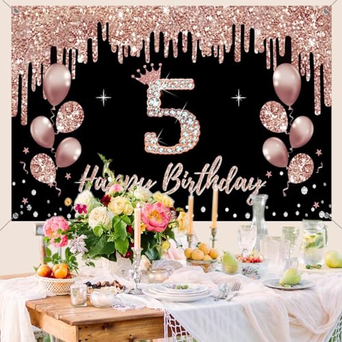 5e verjaardag decoraties voor meisjes, feest decoratie zwart en roos goud, 5e verjaardag stof teken opknoping poster, 5e verjaardag achtergrond banner partij welkom teken 4
