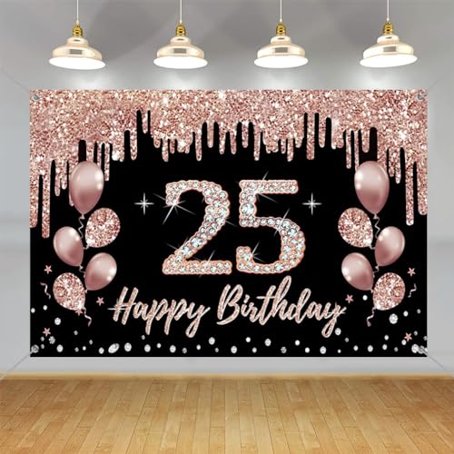 25e verjaardag decoratie voor meisjes, feest decoratie zwart en roos goud, 25e verjaardag stof teken opknoping poster, 25e verjaardag achtergrond banner partij welkom teken
