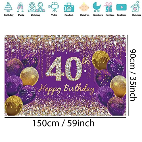 Verjaardag decoratie voor vrouwen, paarse glitter vlekken stof schild poster verjaardag feest decoratie, 40e verjaardag achtergrond banner vrouw, 40e verjaardag feest decoratie