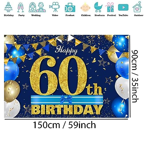 60e verjaardag Decoratie voor mannen/vrouwen, 60e Verjaardagsstof Tekenposter 60th Anniversary Party Achtergrond Banner Verjaardag Decoratie Blauw en Goud, 1.5 Meters