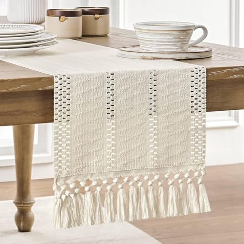 Tafel Runner Slub Linnen Stof 30x180 Cm Beige Gehaakte Tafel Runner met Tassels, Linnen Tafel Runner Interieur Decoratie in Retro Natuurlijke Stijl voor Keuken Diner Vakantie feest Koffie Tafel Decoratie