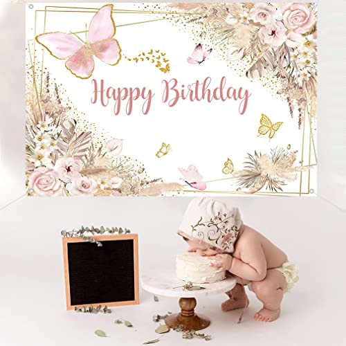 Verjaardag Decoratie, Gelukkige Verjaardag Achtergrond, Banner, Party Decoration voor meisjes, Vlinders en bloemen, Verjaardag Partij, Stof Tekenposter Verjaardag Foto Achtergrond, 150 x 90 cm 4
