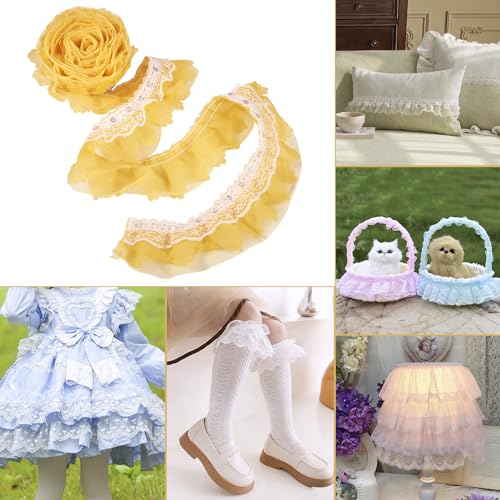 2-laags Lace Trim Polyester Chinlon Pleated Lace Ribbon 2M Gouden Ruffles Lace Broderie Anglaise Trim voor jurk Bruids Ribbon Sew On Applique Cloth, Gold