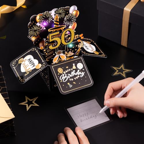 50 verjaardagskaarten met muziek - 50e verjaardag pop-up kaart met licht en interactieve kaarsen, verjaardagscadeau voor vrouwen en mannen, 3D wenskaart verjaardagscadeau