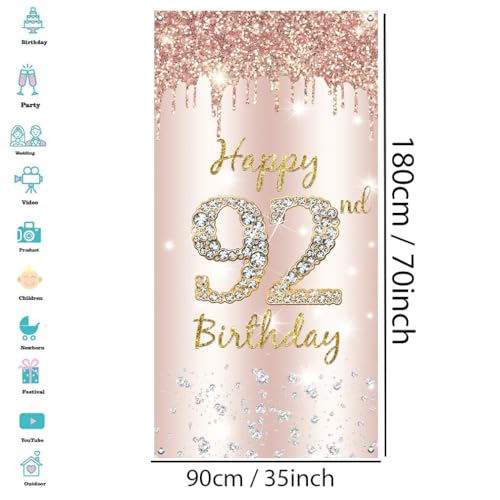 92e verjaardag Decoratie Vrouwen, Gelukkig 92e verjaardag Deur Banner Rose Gold,92e Verjaardag Stof Tekenposter Deur Decoratie,92nd Verjaardag Achtergrond Banner Dames,Birthday Party Welkom Teken