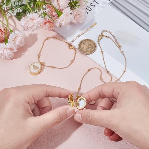 2 stuks roestvrij stalen ketting armband set, Vlinder foto Locket Charm met messing Micro Pave CZ Geheugen Keepsake sieraden voor bruiloft verjaardag verjaardag cadeau, Golden 3