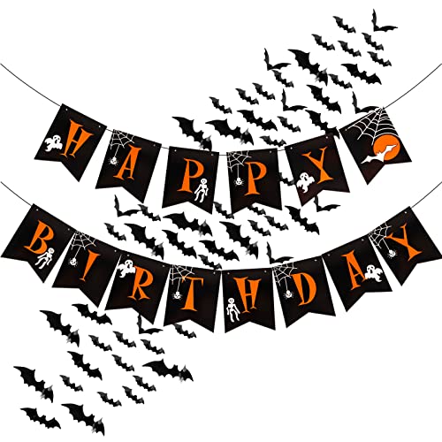 Happy Birthday Scary Ghost Banner met 60 stuks Bat Stickers Halloween Pompoen Banner voor Halloween Zombie Vampire Party Decoraties