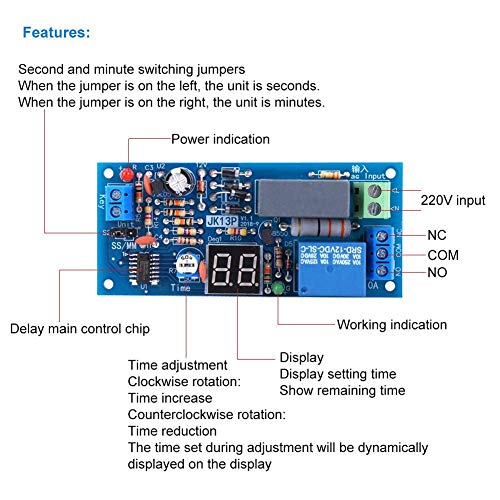 Delay Timer Relay Module 220VAC 1.0W, Delay Relay Timer 1-99 Seconden/1-99 Minuten tijdbereik 3