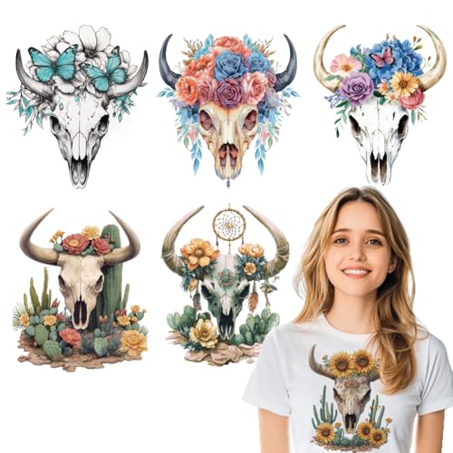 6 Stuks Koe Skulls Thema warmteoverdracht Stickers, Floral Iron op transfers Patches Plastic Heat Transfer Sticker Kleding Reparatie Toepassing voor T Shirt Jassen Sweatshirt Rugzak