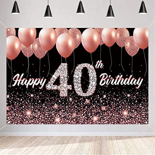 Happy 40th Verjaardagsfeest decoratie achtergrond Banner voor vrouw Gelukkig 40 jaar oude stof Tekenposter, Glitter Rose Gold Fotografie Achtergrond 40e verjaardag tabel decoratie, 150x90cm