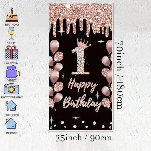 1e verjaardag decoratie voor meisjes gelukkig 1e verjaardag poster deur banner zwart en roze stof teken muur / deur banner 1e verjaardag achtergrond banner meisjes verjaardag feest welkom teken