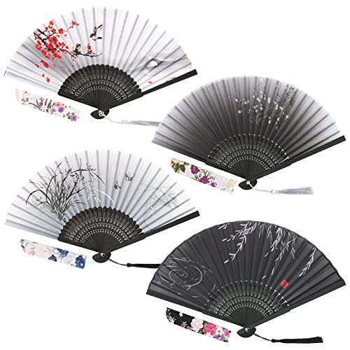4 stuks Bruiloft Ventilatoren in zwart en wit - Opvouwbare bruiloft Ventilatoren met fanhoes - Chinese handfan voor bruiloft, verjaardag, feest, wanddecoratie, zomercadeau idee en kostuum accessoires