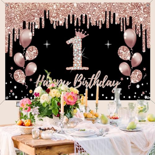 1e verjaardag decoratie voor meisjes, feest decoratie zwart en rose goud, 1e verjaardag stof teken opknoping poster, 1e verjaardag achtergrond banner partij welkom teken 3