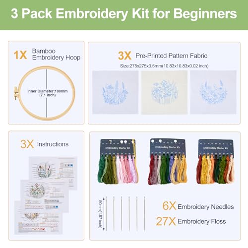 BB borduurkit voor beginners - 3 stijlen 3D bloem planten borduursel Starter Kit - Inclusief hoepel, draad, gereedschap en instructies - Unisex - Alle leeftijden 4