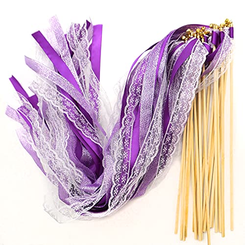 50 x bruiloft Sticks met Bells, Lace Air Snakes, Silk Fairy Stick, Lace Ribbon, bruiloft muren, Fairy Stick, Wensstafs voor bruiloft, Party, Baby Douche, Verjaardag, Vakantie, Kerstmis, Lilac