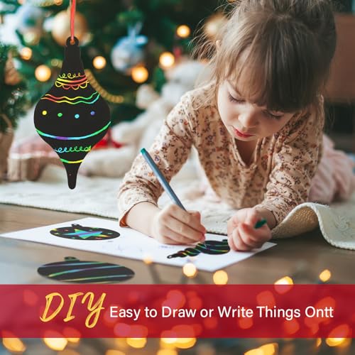 24st Kids Scratch Art Baubles Krasende en winnende Rainbow Decoratie Kerstboom Bamboe Pennen en Ribbon voor Hanging Gift Party DIY (A) 4