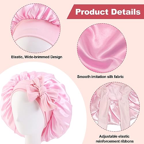 Zijde Bonnet voor het slapen, 2 stuks Comfortabel Elastische Satin Bonnet met brede rand en versterking Band, zijde haar Wrap voor vrouwen en meisjes met 5 stukken haar Bands - Roze en 4